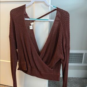 Sky and Sparrow Off-the-Shoulder Knit Sweater in Brown